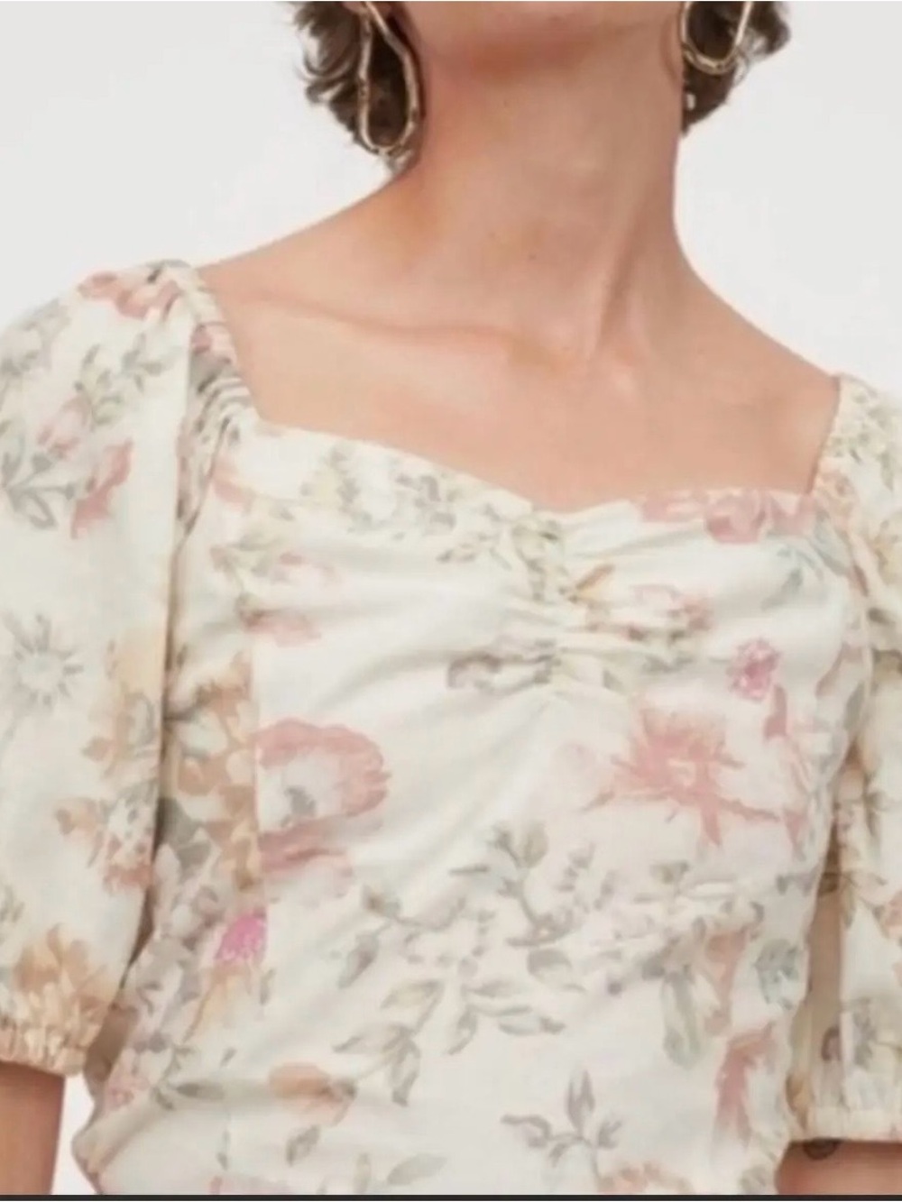 Cream Floral Square-Neck Puff Sleeve Linen Blend Top
